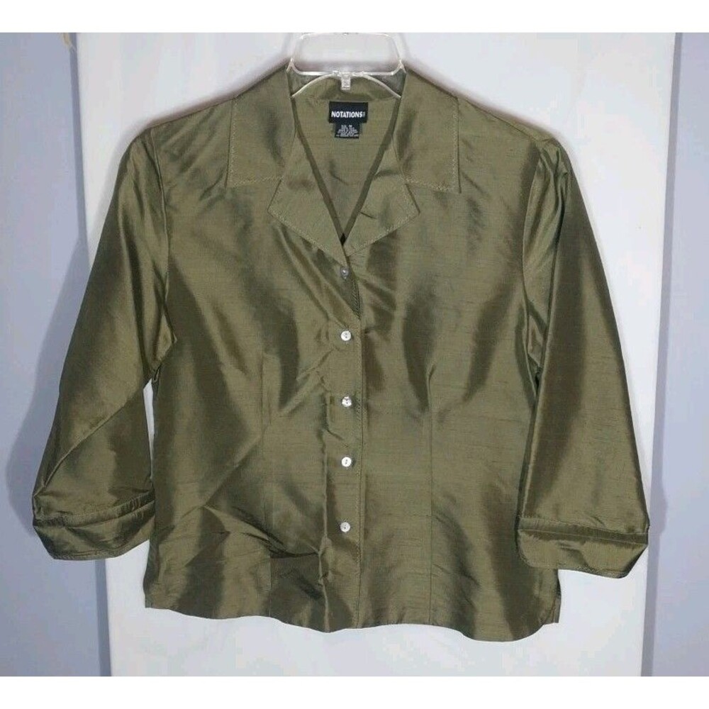 Notations 100% Silk Slub Blouse Womens M Olive Green Button Front 3/4 Sleeve